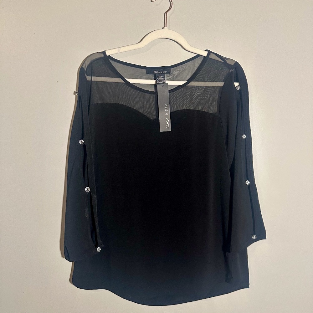 🖤 Black Sheer Sleeve Top with Rhinestones – XL | NWT ✨